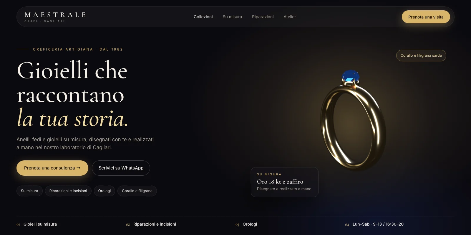 Esempio illustrativo: il sito di un'oreficeria riprogettato, scuro ed elegante, con un anello 3D in vetrina