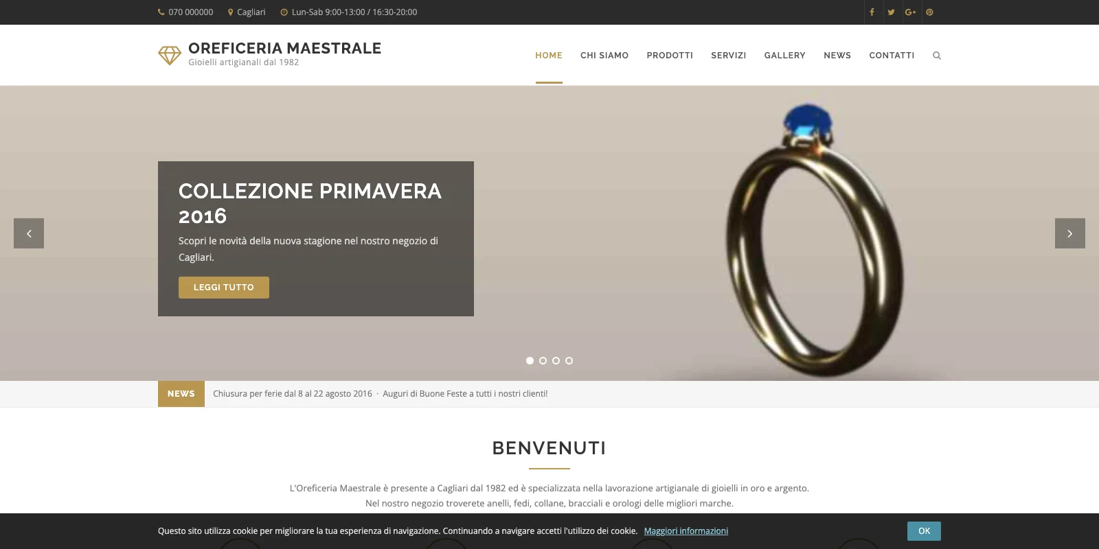 Esempio illustrativo: lo stesso sito com'era, fermo a dieci anni fa: tema datato, slider con la collezione 2016, barra dei cookie, non adatto allo smartphone